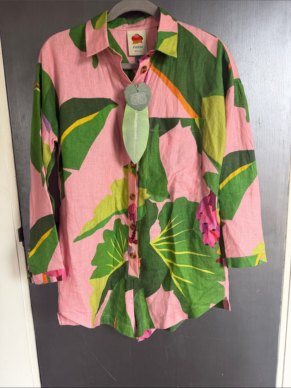 Farm Rio Pink Tropical Button-Up Rinper with Green Leaf Print
